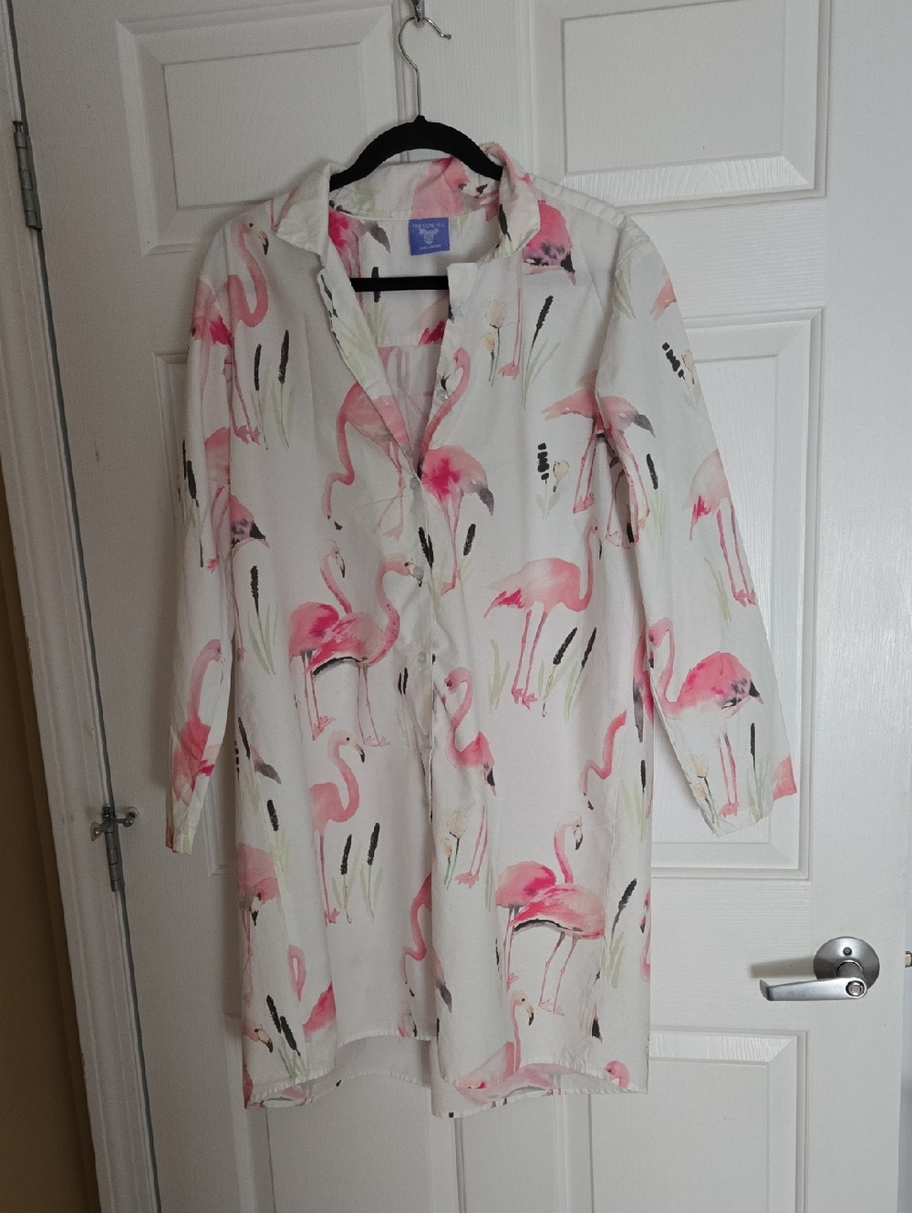 Garnet Hill White Tunic with Pink Flamingo Print. 100% Cotton. XL